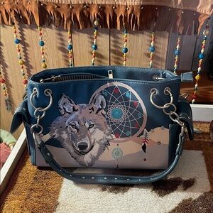 Teal Wolf & Dreamcatcher Shoulder Bag